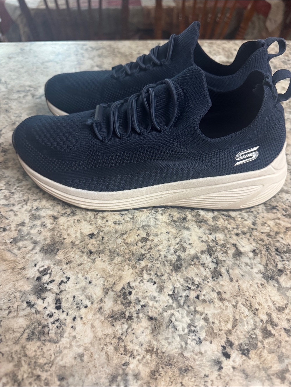 Skechers Navy Knit Slip-On Sneakers with Cream Sole